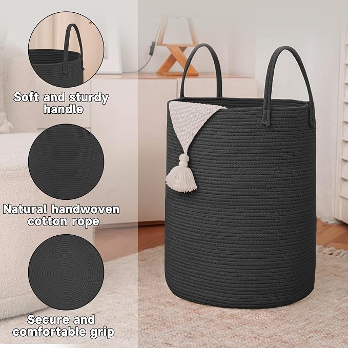 JMvicyroam 60L Cotton Rope Laundry Basket Hamper, Black | Collapsible laundry basket, reinforced handles, freestanding, machine washable, holds 3-5 thick blankets, clothes or toys