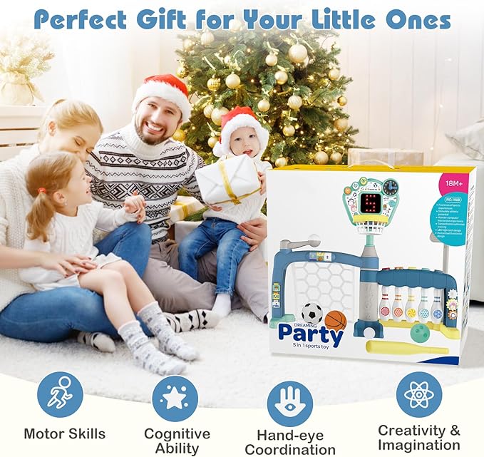 Costzon Toddler Basketball Hoop with Adjustable Height, 5 in 1 Basketball Bowling Baseball Soccer Golf Kids Activity Center, Toddler Sports Toy w/Lights & Sounds, Gift for Baby Boys Girls 18+ Months