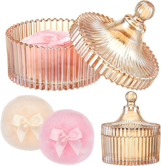 Tioncy 3 Pcs Large Body Powder Puff and Container Valentine's Day gift Powder Container with Puff Crystal Case Soft Washable Reusable Velour Face Body Glitter Wet Dry Makeup(Classic,Amber)