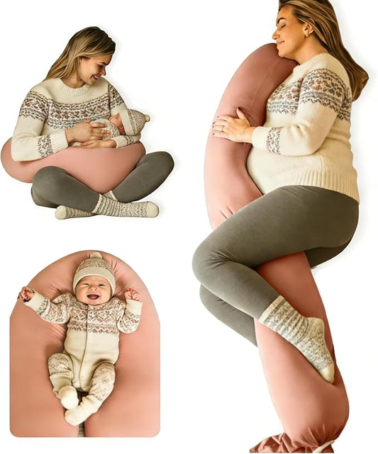 Pregnancy Pillow 5-in-1 | Adjustable Firmness, Cooling Cover | Beanbag Full Body Pillow, 5-Point Support, O-Shape for Nursing, with Travel Bag, Gift for Women, Side Sleepers - Pink