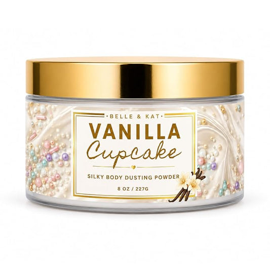 Body Powder for Men & Women Scented Vanilla Cupcake, Bath Perfume Dusting Powder with Fragrance & Essential Oils, Talc Free 8oz Container with Soft Powder Puff, Made in USA