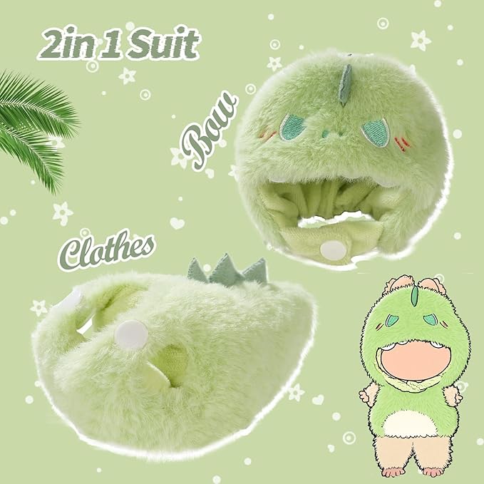 Cute Clothes for Doll Design Outfit Pop Blind Mystery Box Accessories Mart Mini La Boo-Boo Blah Bu Bu BuLafufu Ropa Plush Toy Stuff Dress Overalls Hoodie Pajamas (Green Dinosaur)
