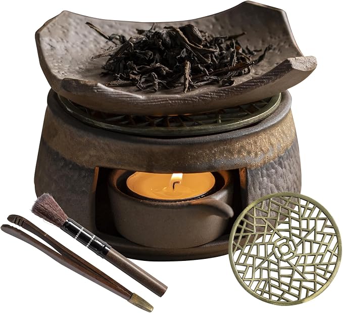 Cedar Aromatherapy Burner & Ceramic Oil Warmer for Home & Office (Heat-Resistant Tile Baking Tray + Stone-Patterned Oven + Accessories)