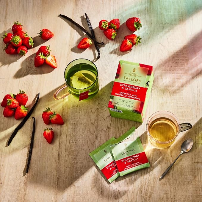 Taylors of Harrogate Strawberry & Vanilla, Green Tea, Individually Wrapped Bags, 20 Count (Pack of 6), Smooth, Juicy and Sweet, Caffeinated, Enjoy Hot or Iced, 120 Teabags Total
