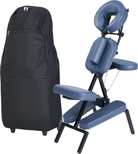 Master Massage Professional Lightweight Portable Massage Chair-Folding Foldable Aluminum Adjustable Tattoo Chair with Wheeled Carrying Case, Aluminum, Blue