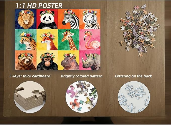 1000 Pieces Jigsaw Puzzles for Adults, Animal Series - Detailed Wildlife Art, Educational Family Game, Large 28" x 20", Great Gift for Animal Lovers & Home Decor（Floral Beasts）