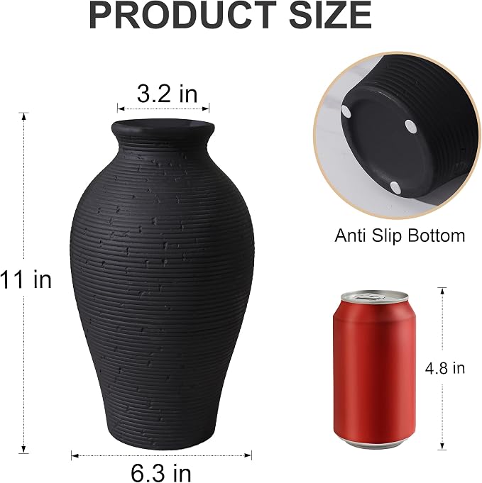 Ceramic Flower Vase Home Decor, 11 in Farmhouse Table Black Vases Rustic Vintage Living Room Kitchen Bedroom Decorations Pottery Decorative Vases for House Shelf Office Coffee Desk Dining Fireplace