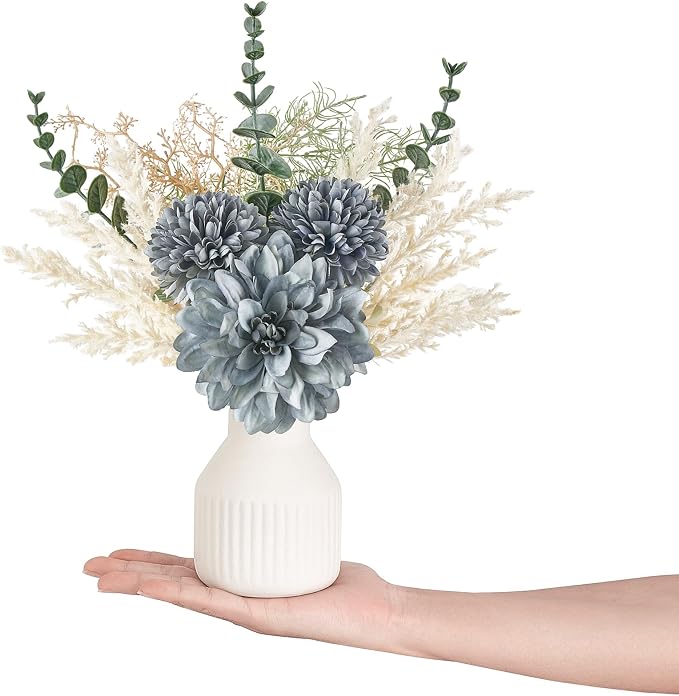 Mkono Fake Flowers in Ceramic Vase, 12.5" Coffee Table Centerpieces, Blue | Table Decor with vase, Small Silk Faux Artificial Flower Arrangements, Fits Bathroom Dining Room Kitchen Home Indoor Decor