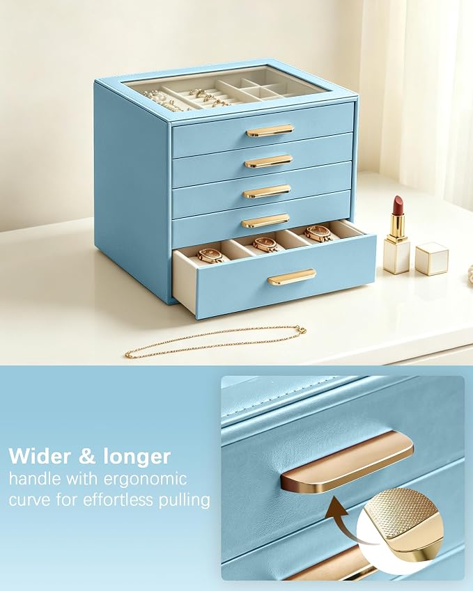 Homeanda Jewelry Boxes Organizer with Glass Lid, 5-Layer PU Leather, Blue | Modern style display case with 5 drawers for daily jewelry, women, mom or girl gift