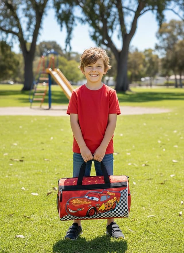 Disney Pixar Cars Kids’ Duffle Bag – Lightning McQueen Travel Gym Bag with Adjustable Strap, Mesh Side Pockets & Zipper Pocket