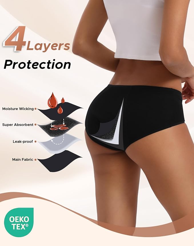 INNERSY Period Underwear for Women Teens Leak-Proof Menstrual Cotton Protective Hipster Panties 3-Pack