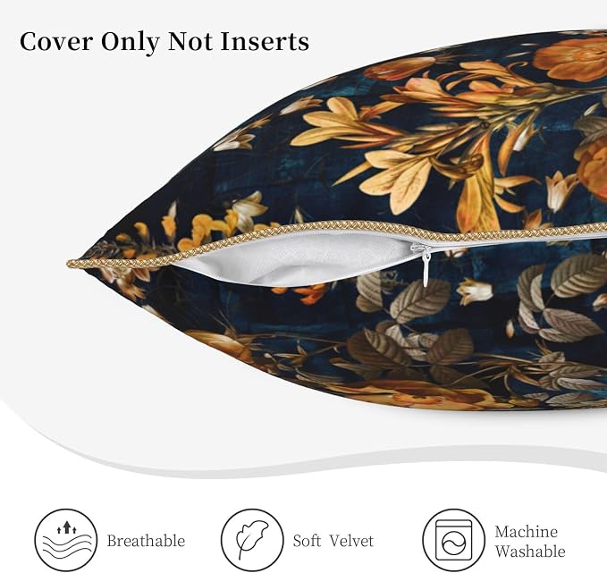 Vintage Floral Velvet Pillow Covers 18x18 Inch Blue Brown Leaf Flowers Throw Pillows for Couch Farmhouse Cushion Covers Pillowcase Butterfly Plant Leaves Pillow Cases for Sofa Bed Outdoor Decor