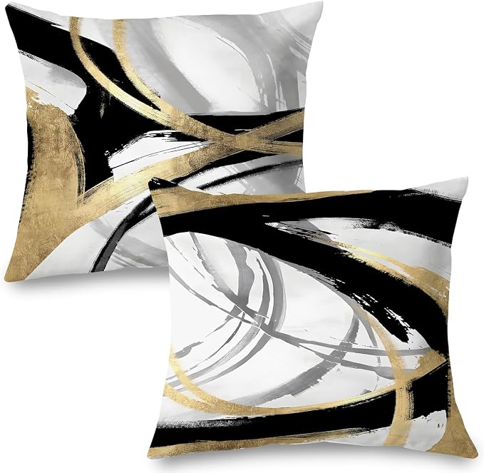 Black White and Gold Pillow Covers, Abstract Black and Gold Pillow Covers 24x24 Set of 2, Modern Boho Home Decor, Black and Gold Decorative Throw Pillows Cover for Couch Living Room Bedroom