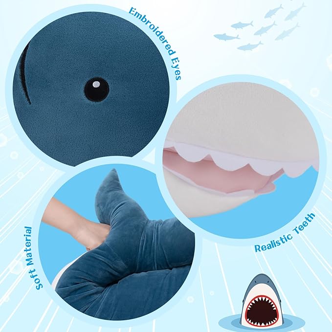 MaoGoLan 51”Giant Shark Stuffed Animal, Large Shark Plush Pillow for Kids Boys Girls,Big Stuffed Shark Toy Gift for Special Day,Blue