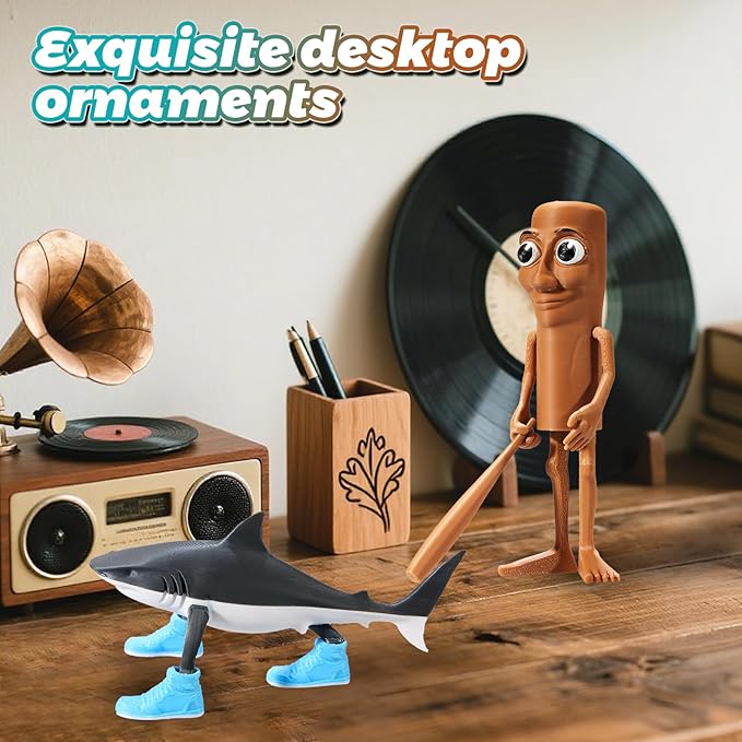 Tung Tung Tung Sahur Figure Toy， Tralalero Tralala Desk Decor, Brainrot Shark Meme, Viral AI Animal Collectible, Funny Desk Decor, Meme Gift(Stick+Shark)