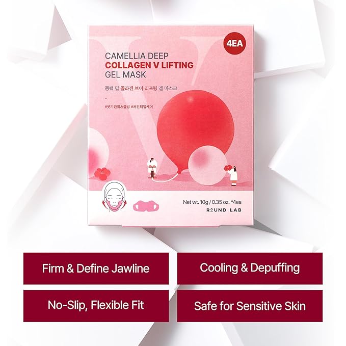 ROUND LAB Camellia Deep Collagen V Lifting Gel Mask 14ea | Double-chin Turkey Neck Instant Face Lifting Mask, Cooling and Depuffing Face Toning Belt, Firming Sagging Skin, Korean Skin Care, 10g/0.35oz