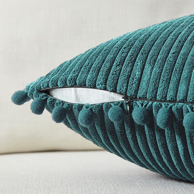 Fancy Homi Pack of 2 Teal Decorative Throw Pillow Covers 12x24 Inch with Pom-poms for Living Room Couch Sofa Bedroom, Soft Corduroy Solid Lumbar Cushion Case 30x60 cm, Rustic Farmhouse Home Decor