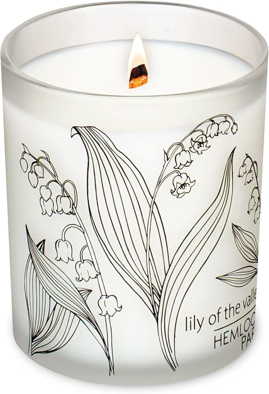 Hemlock Park Lily of the Valley Frosted Scented Candle | Crackling Wood Wick, Botanical Fragrance & Coconut Apricot Wax | Up to 50 Hour Burn Time | 7.2 oz | Made in USA