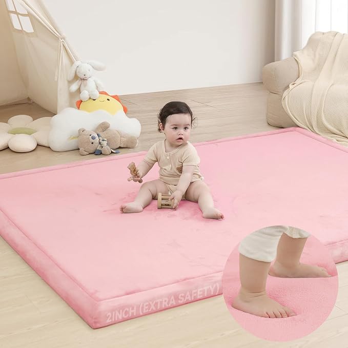 Huloo Sleep 2" Extra Thick Baby Play Mat for Floor,Ultra Soft Elasti Foam Mat for Tummy Time & Crawling,Playpen,Non Slip Nursery Rug for Toddlers,Infants,kids,Tatami Style for Yoga,Playroom(Pink)