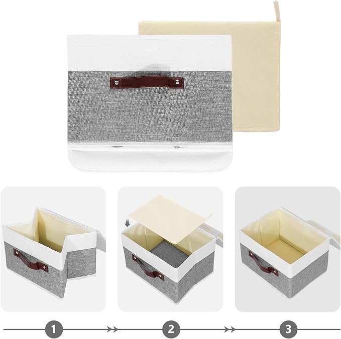 ANMINY Fabric Storage Box Bins with Lids, Gray White, 15"x10"x10" | Keepsake Memory Storage, Cotton Linen, PP Board Reinforced, Washable, PU Handles, Foldable & Stackable, Decorative, Large