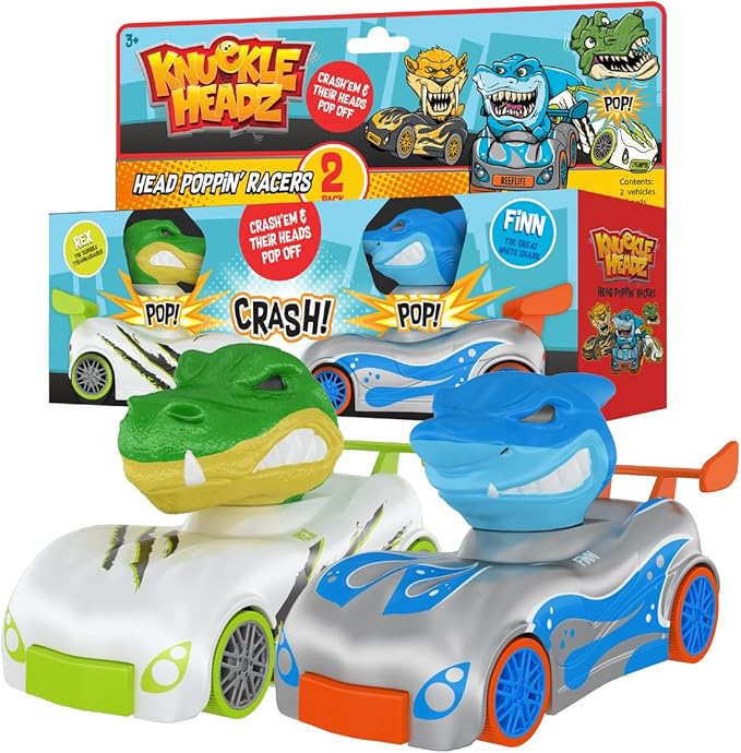 Knuckle Headz Pop-Up Racer Car Toys (2-Pack), Friction-Powered Pull Back Race Car, Head Popping Fun Gift for Kids, Boys, Girls, Ages 3+, Dinosaur & Shark