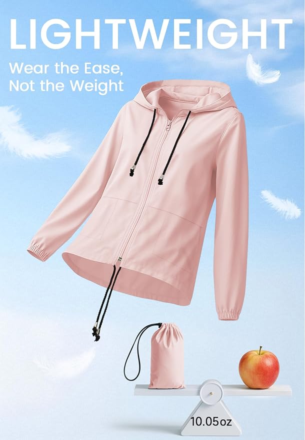 Zando Lightweight Rain Jacket Women Packable Waterproof Raincoat with Hood | Windbreaker Jacket Women, Light Raincoats for Drizzle, Rain Coats for Travel, Hiking and Commute