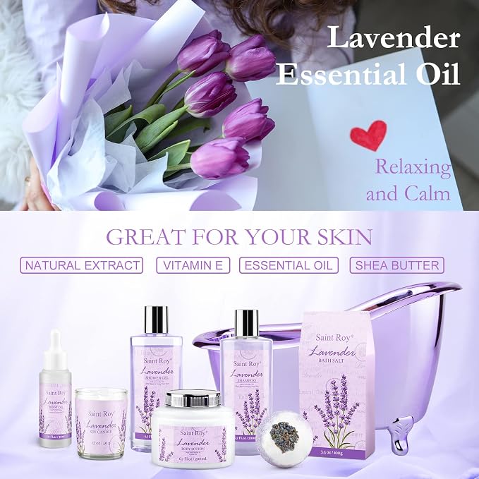 Spa Gift Basket Gifts for Women, Lavender Bath and Body Gift Basket Spa Kit | Bath Beauty Kit, Self-Care Relaxation Set, Home Spa Gift Basket, Birthday, Christmas, Bath Spa Kit Woman gift, Anniversary