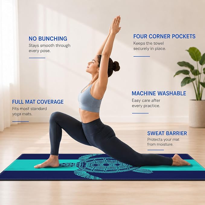 Yoga Mat Towel, Hot Yoga Non Slip with 4 Corner Pockets, 74 x 26 in | Soft Absorbent Microfiber With Four Corner Pockets, Fits Over Yoga Mats For Hot Yoga, Pilates, Gym, And Travel