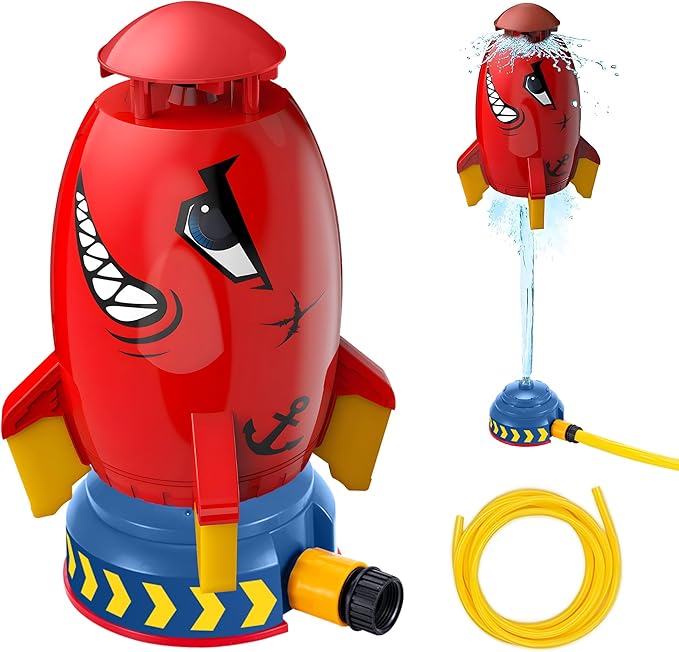 Outdoor Water Toys Rocket Sprinkler for Kids, Backyard Summer Splash Game for Toddlers Boys Girls, 360° Spin Water Launcher with Hose Connection, Birthday Gift for Age 3+