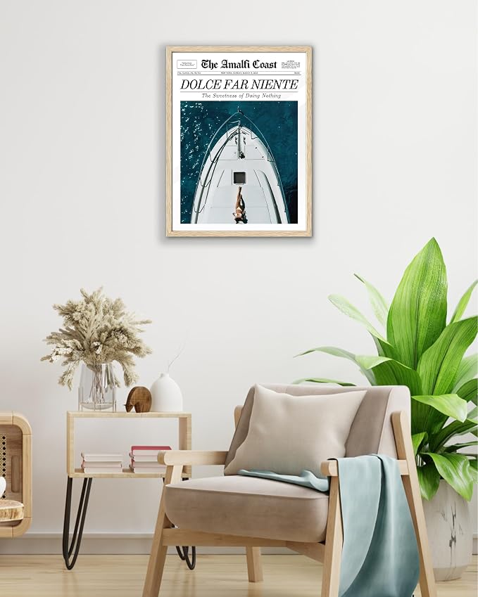 EcoHest 12x16 in Dolce Far Niente Newspaper Framed Wall Art | Natural Oak Wood Frame, Canvas Wall Art, Italian Summer Newspaper Decor for Living Room, Bedroom, Apartment, Dorm Room, 1Pack