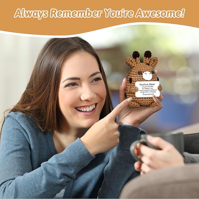 Positive Crochet Deer, Handmade Emotional Support Animals Plush Cute Stuff, Funny Inspirational Friendship Stress Relief Birthday Graduation Gifts for Women Teens Girls Coworkers Friends