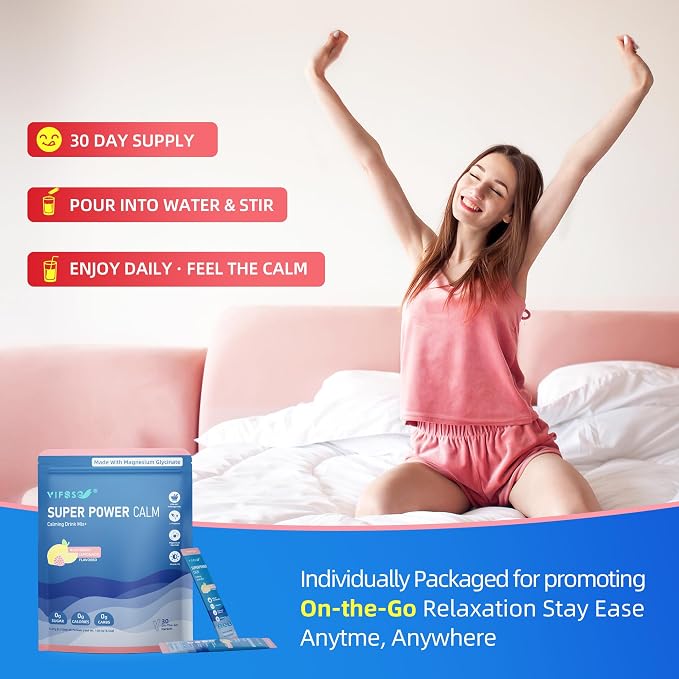VIFSSG Super Power Calming Powdered Drink Mix, Raspberry Lemonade 30 Packets, L-Theanine, Ksm-66 Ashwagandha, Magnesium Glycinate, Vitamin D3 Supplements, Sugar-Free, Non-GMO for Relax & Focus