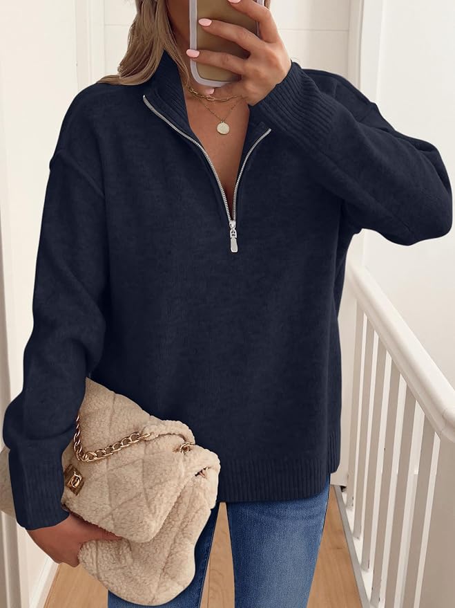 ANRABESS Womens Quarter Zip Sweaters Fall Long Sleeve V Neck Shirts Collared Business Casual Tops Knit Pullover Sweatshirts