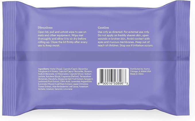 ASUTRA Yoga Mat Cleaning Wipes (Lovely Lavender), 1 Pouch (30 Wipes) - No Slippery Residue, Deep-Cleansing for Fitness Gear & Gym Equipment