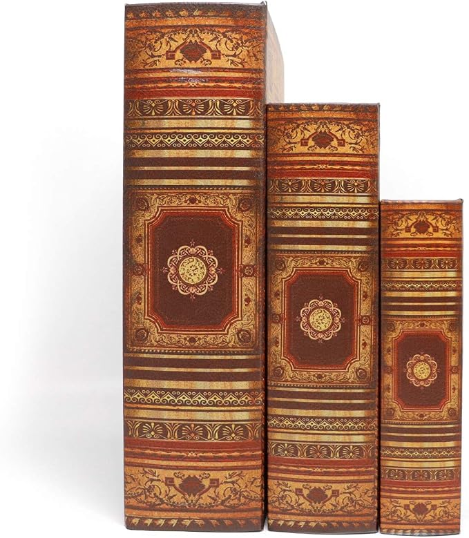 Jolitac Decorative Book Boxes World Map Pattern Antique Book Invisible box with Magnetic cover, Faux Wood Set of 3 Storage Set (Classic)