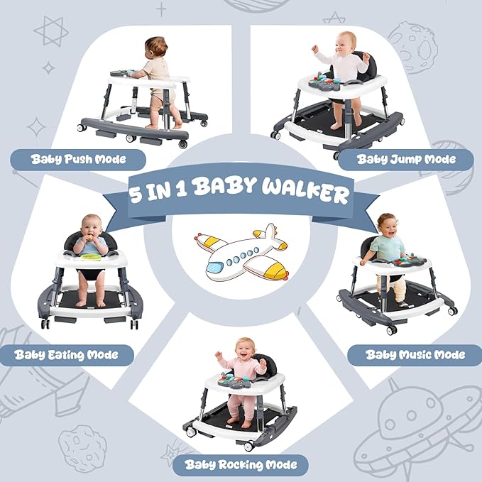 5-in-1 Baby Walker for Boys and Girls Music and Lights 6-18 Month, Foldable Baby Walkers with 5 Adjustable Heights, Infant Toddler Walker with Wheels and Combo Portable（Dark Gray）