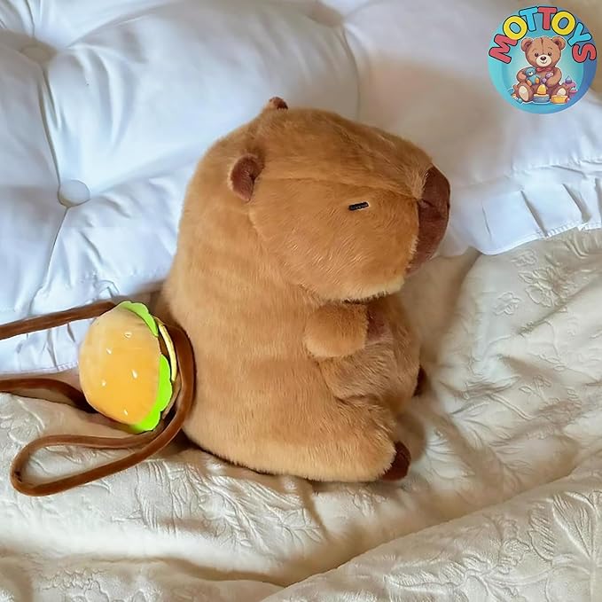 Cute Capybara Plush - 8 inch Stuffed Animal Plushies - Children's Toy with Turtle Backpack - Soft Pillow for Home Decorations - Hugging Figures for Boys and Girls (Capybara with Hamburger)