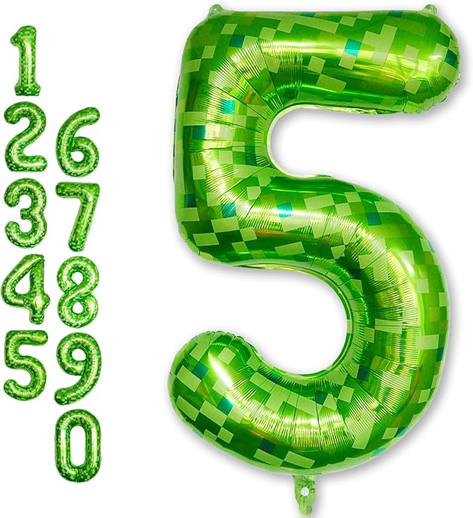 Foil 5 Balloons Number, 40 Inch Dark Kelly Green Pixel Number 5 Balloon for Boys, Big Lime Green Self Inflating 5 Balloon for Kids 5th Birthday Video Game Forest Golf Patrick's Day Party Decorations