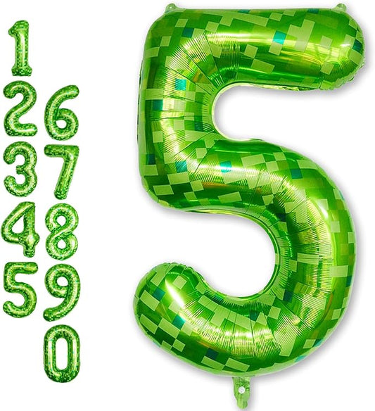 Foil 5 Balloons Number, 40 Inch Dark Kelly Green Pixel Number 5 Balloon for Boys, Big Lime Green Self Inflating 5 Balloon for Kids 5th Birthday Video Game Forest Golf Patrick's Day Party Decorations