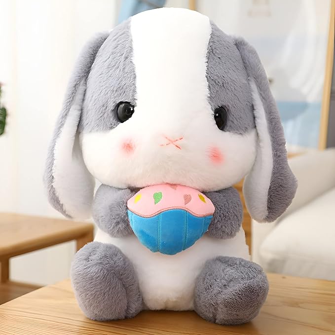 HOUPU Soft Toy - Sitting Lop Eared Rabbit, Easter White Rabbit Stuffed Bunny Animal with Carrot Soft Lovely Realistic Long-Eared Standing Pink Plush Toys (Ash White-Cake,12.5in/32cm)