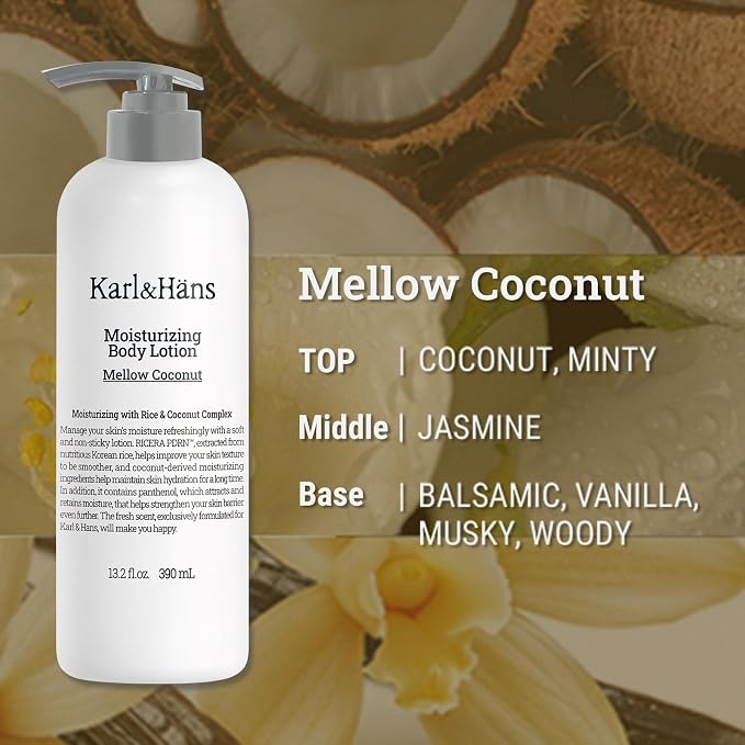 Karl&Hans Moisturizing Body Lotion, Korean Rice-Derived PDRN & Ceramide, Skin Barrier Repair, Lightweight Non-Greasy for Dry & Sensitive Skin, 13.2 fl oz (Mellow Coconut)