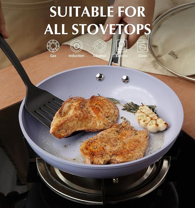 KOCH SYSTEME CS 14 Inch Frying Pan with Lid, Large Skillet with Lid, Extra Large Fry Pan for Family & Commercial Use, Oven Safe, 14 Inch Skillet Lids, Induction Compatible, Purple