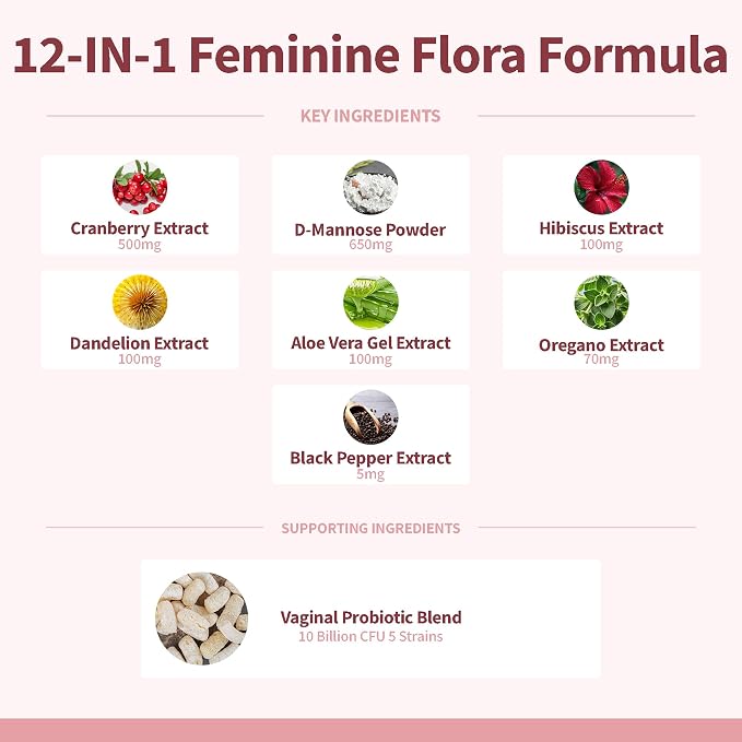 Women’s Vaginal Microflora Probiotic Complex | 1600mg - 60Capsules | Everyday Freshness & Comfort Formula | 12-in-1 Blend with Cranberry, D-Mannose & Hibiscus | Third-Party Lab Tested