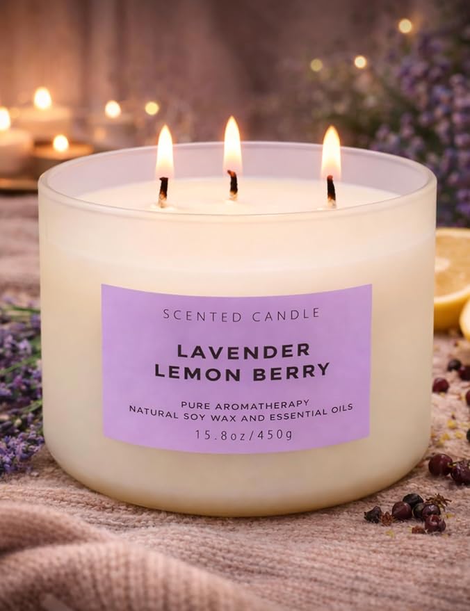 Lavender Lemon Berry 3-Wick Soy Aromatherapy Candle for Women, 15.8 oz | Ylang-Ylang, Cedar & Violet Notes, Calming Floral Lemon Home Scent, Clean Burn, Bedroom, Bath & Spa, Gift for Her & Mom