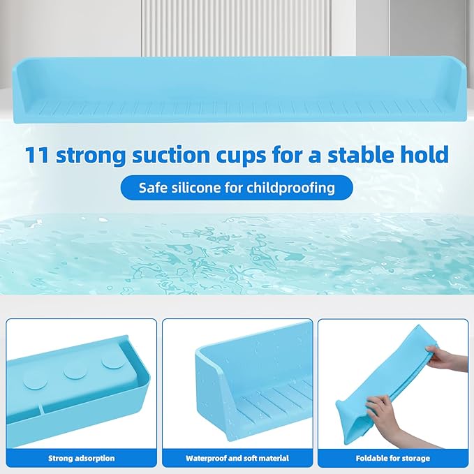 Extended Super Long Kids Bathtub Splash Guard - 32 Inch Food-Grade Silicone, 11 Strong Suction Cups, Toy Tray Caddy & Bath Toy Storage, No Spill Barrier (Blue)