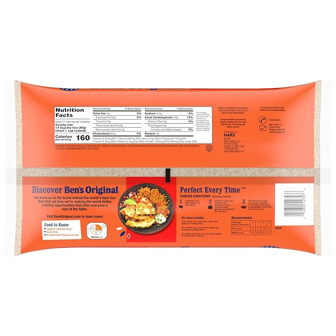 BEN'S ORIGINAL Enriched Long Grain White Rice, Parboiled Rice, 10 lb Bag (Pack of 3)