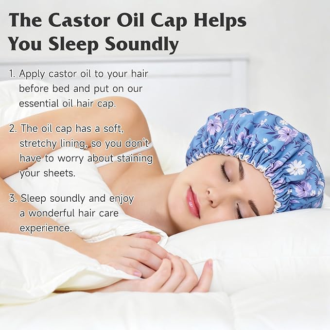 Reusable Castor Oil Hair Cap for Women, Suitable for Treating Dry, Damaged Hair, Overnight Organic Cotton Hair Cap (Oil Not Included), Purple Flowers, S