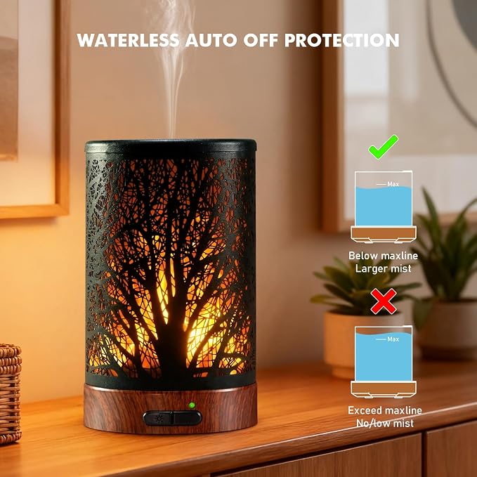 Aromatherapy Essential Oil Diffuser for Home - 100ml Black Ultrasonic Diffuser with Dynamic Flame Light, Metal Cool Mist Aroma Diffuser for Essential Oils & Auto Shut-Off Protection