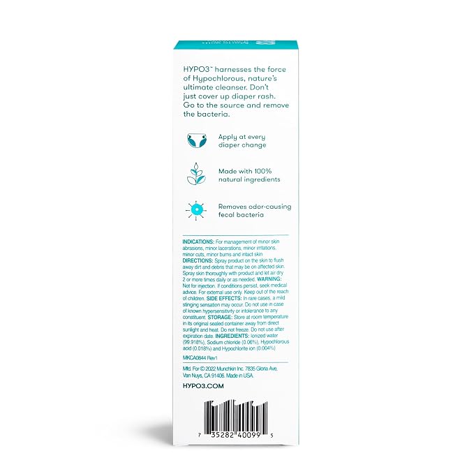 Munchkin HYP03 Diaper Rash Hypochlorous Acid Spray for Face and Body, Removes Rash-Causing Germs, Helps Promote Healing, Gentle for Sensitive & Eczema-Prone Skin, 3.4 Ounce