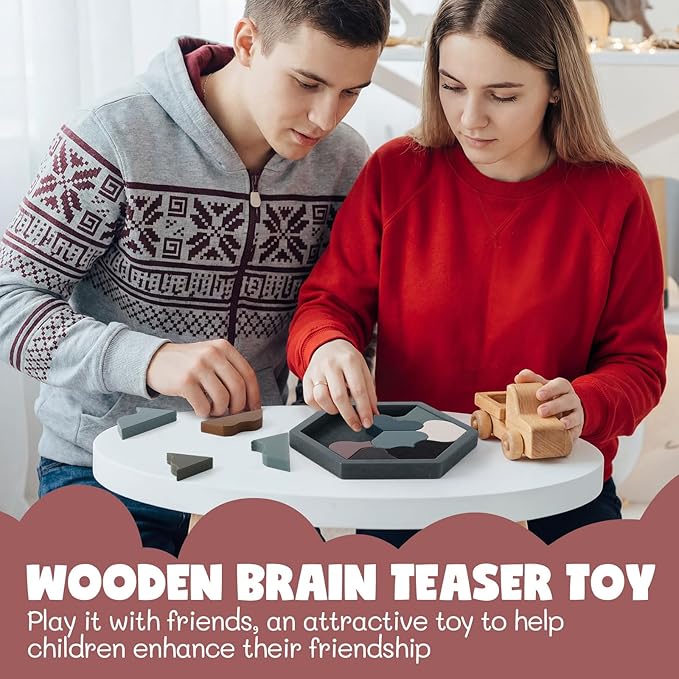 Yunsailing 3 Pack Hexagon Tangram Puzzle Wooden Brain Puzzles with Storage Bag Challenge Wood Russian Blocks Brain Teasers Geometric Jigsaw Block Logic Iq Stem for Family Party Gift (Stylish)